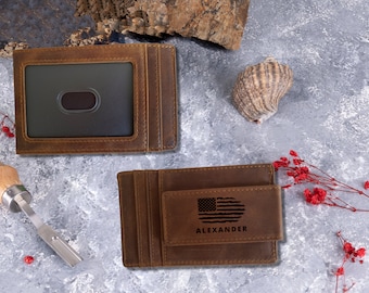 Personalized Leather Money Clip: American Flag Engraved Card Holder, Veteran Gift