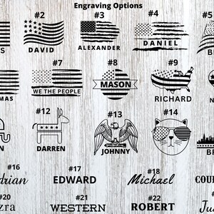 May include: A chart of 23 different engraving options for a wooden product. The options include names, phrases, and images. The chart is on a woodgrain background.