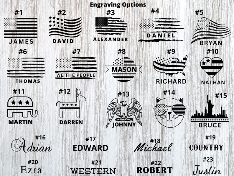 May include: A chart of 23 different engraving options for a wooden product. The options include names, phrases, and images. The chart is on a woodgrain background.