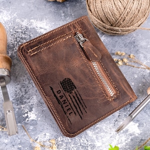 Billetera de cuero delgada personalizada con grabado de bandera estadounidense, conveniente billetera con cremallera para hombres, billeteras plegables minimalistas con bloqueo RFID