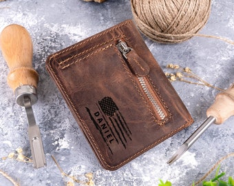 American Flag Engraved Leather Wallet: Slim Bifold Zipper Coin Wallet