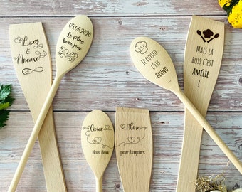 Duo Amour cuillère & spatule bois - Saint Valentin, cadeau couple, mariage, fiançailles - A personnaliser avec prénom, texte, date ...