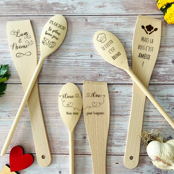 Duo Amour cuillère & spatule bois - Saint Valentin, cadeau couple, mariage, fiançailles - A personnaliser avec prénom, texte, date ...