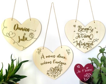 Cœur en bois à suspendre personnalisé - 1 ou 2 faces - Idée cadeaux Saint-Valentin, citation romantique ,message d'amour, prénoms couple