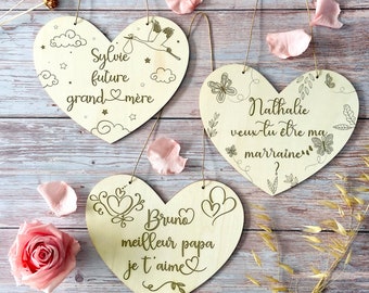 Wooden heart to hang personalized message - Mother's Day, Father's Day, pregnancy announcement, wedding witness, godmother godfather baptism