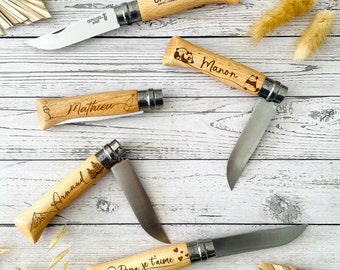 Coltello Opinel n8 disegno personalizzato + testo. 10 immagini: amore, natura, pesca, viaggio, marinaio. Regalo per la festa del papà, Natale, compleanno