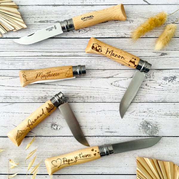 Navaja Opinel n8 dibujo personalizado + texto. 10 imágenes: amor, naturaleza, pesca, viajes, marinero. Regalo del día del padre, Navidad, cumpleaños.