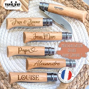 Couteau Opinel n8 personnalisé avec texte. 15 polices d'écritures au choix. Idée cadeau Noël homme, fête des Pères, Papy, Parrain, EVG ...