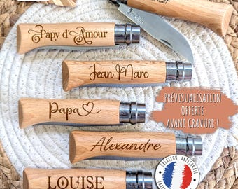 Coltello Opinel n. 8 personalizzato con testo. 15 font tra cui scegliere. Ottima idea regalo per uomini a Natale, per la festa del papà, per il nonno, il padrino, per l'addio al celibato...