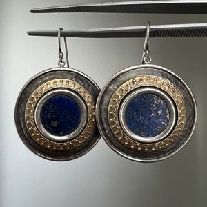 Vintage large geometric 14k yellow gold and sterling silver earrings