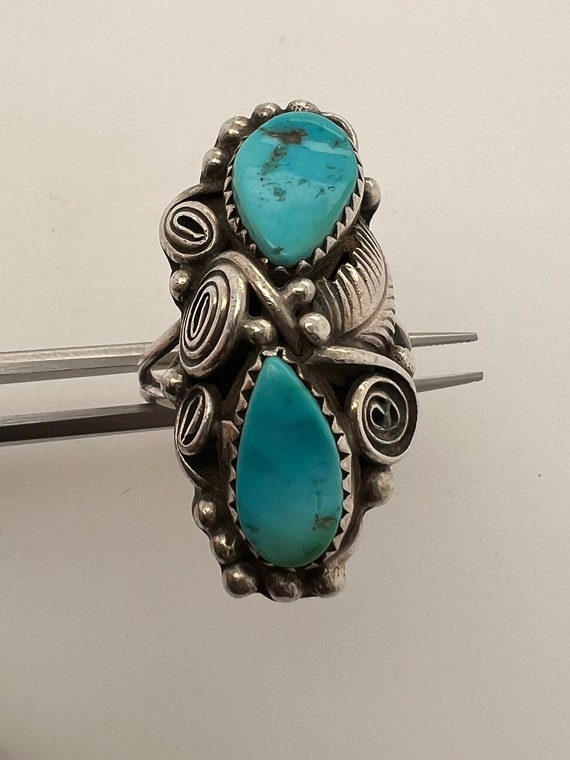Amazing Vintage Navajo Lucy Turquoise Coral Native American Jewelry Silver Leaf Ring Old Amazing Vintage Navajo Lucy Turquoise Coral Native American Jewelry Silver Leaf Ring Old