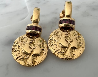 Vintage Salvador Dali profile 18k gold coin earrings with rubies