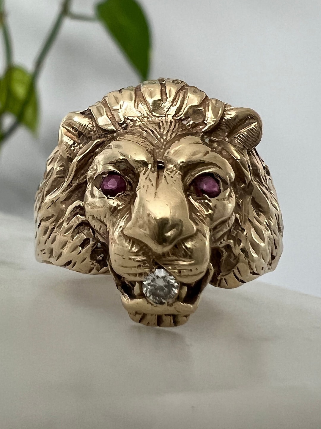 Vintage Gold Lion Ring With Diamond and Ruby Eye in 14k Yellow