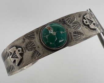 Vintage Fred Harvey thunderbird turquoise and sterling silver cuff bracelet