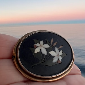 Antique Victorian Pietra Dura flowers in 10k gold pin