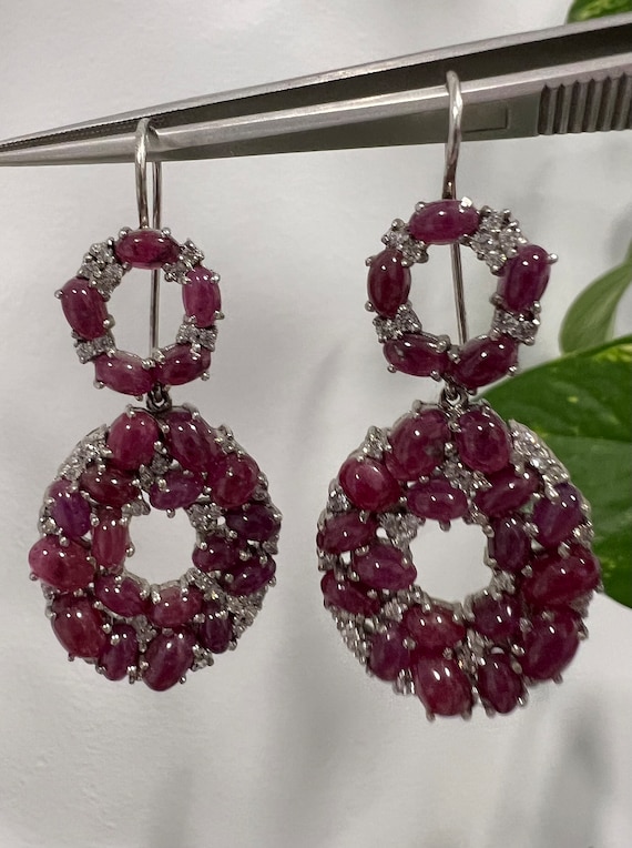 Large geometric ruby sterling silver earrings
