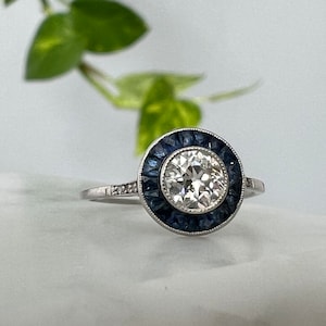 Vintage/antique natural diamond and sapphire target ring in platinum