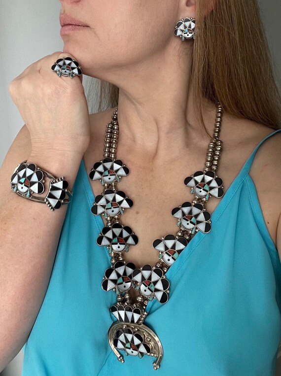 Rare Vintage Native American Zuni Inlay Turquoise Sunface Silver Necklace Bracelet Earring Set Rare Vintage Native American Zuni Inlay Turquoise Sunface Silver Necklace Bracelet Earring Set