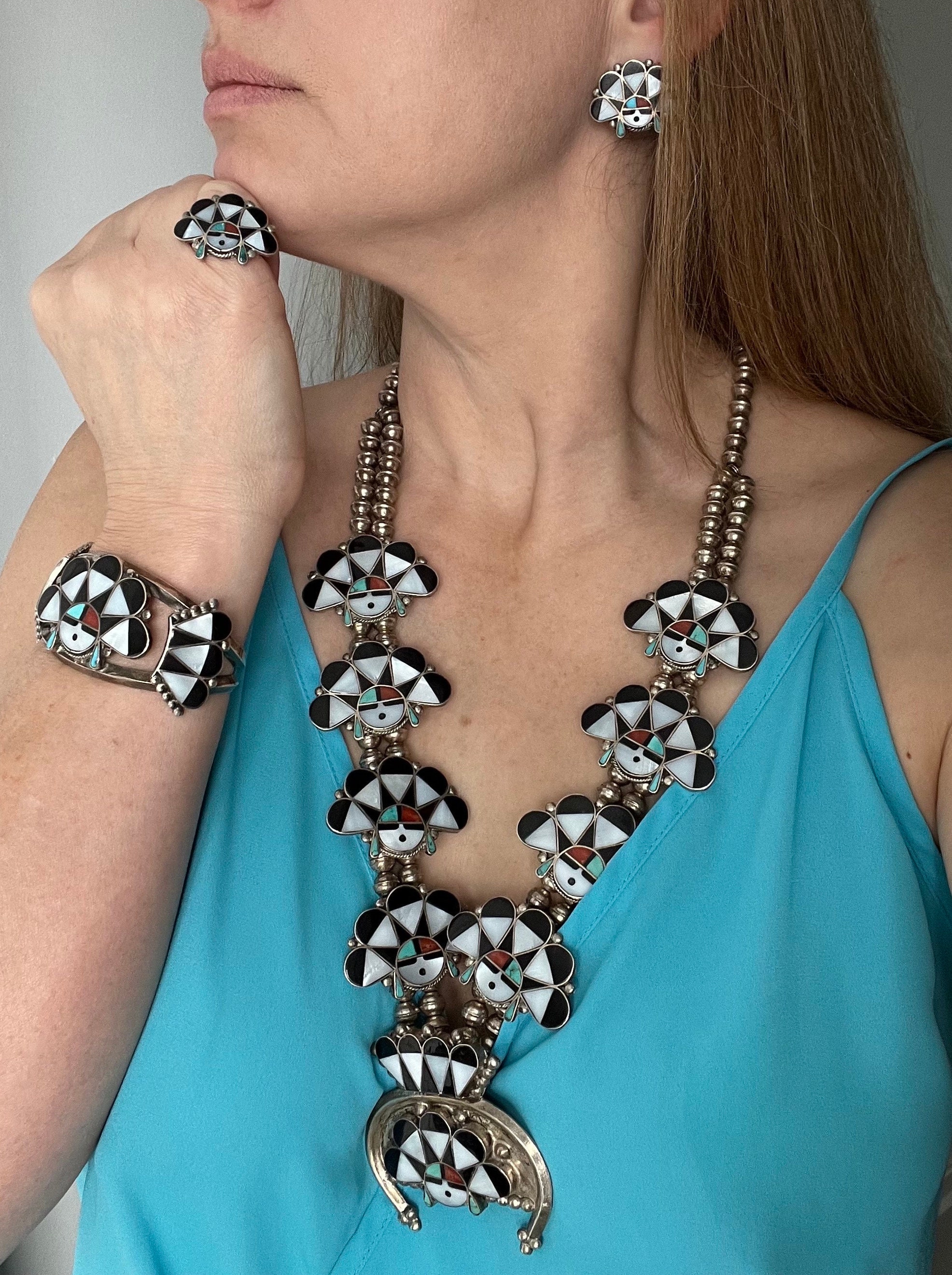 Will Zunie Vintage Native American Zuni Turquoise Inlay Sterling Silver Squash Blossom Necklace Will Zunie Vintage Native American Zuni Turquoise Inlay Sterling Silver Squash Blossom Necklace