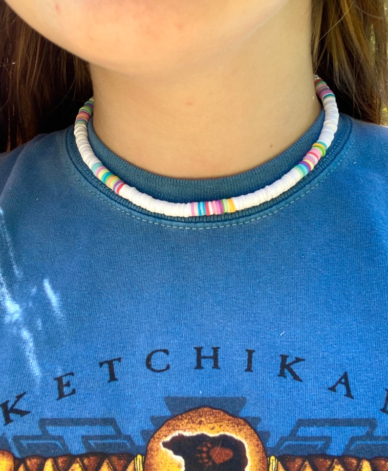 Boho Beaded Imitation Pearl Layered Necklace - Rainbow Heishi Disc Choker With Mushroom Pendant, Handmade Resin Jewelry