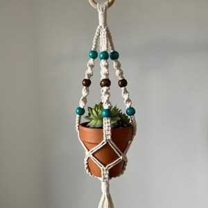 May include: A white macrame plant hanger with a wooden ring at the top. The hanger has teal and brown beads and a terracotta pot with a succulent plant inside.