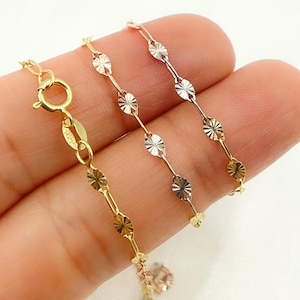 14K Solid Tri-Color Gold Paperclip & Diamond Cut Marina Necklace – Real White, Rose and Yellow Gold Link Chain, Luxury Jewelry. 040FV553H