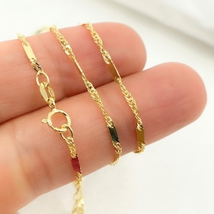14K Solid Gold Singapore Bar Chain Necklace, Real Gold Twist Bar Chain, Sparkling Textured Bar Link, Minimalist Layering Chain. 026G2SBASIT2