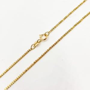 May include: A gold chain necklace with a lobster clasp closure. The chain is a delicate, fine-link style.