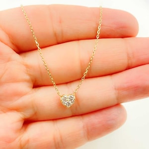 14k Solid Gold Tiny Diamond Heart Necklace, Minimal Diamond Necklace, Mini Diamond Hear Pendant, Simple Mini Necklace, MC131