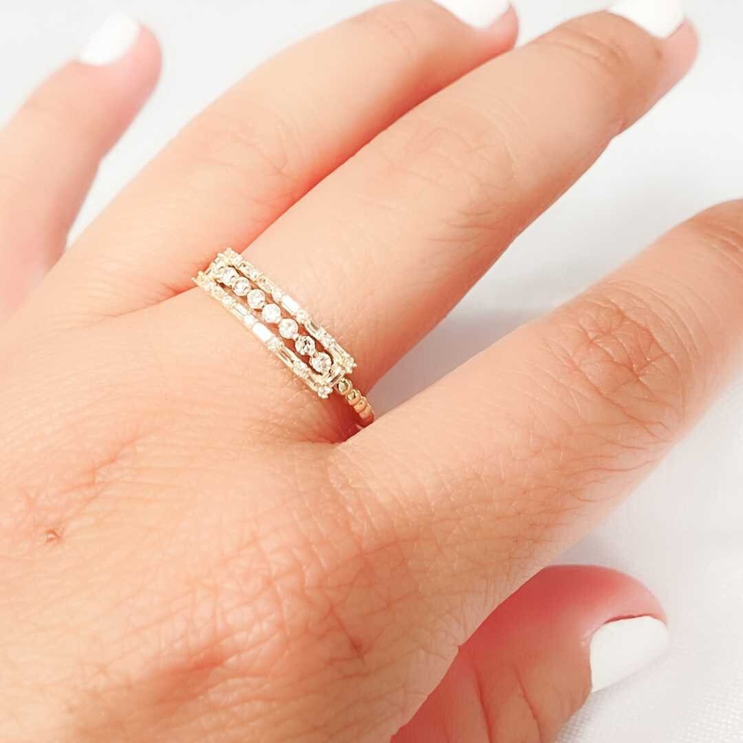14K Solid Gold Bar Diamond Ring, Minimalist Stacking Ring, Thin Gold ...