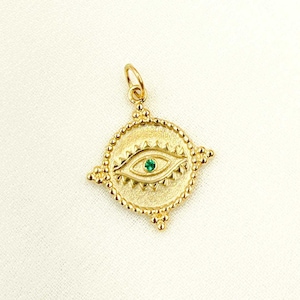 14 kt massief gouden smaragdgroene boze oogbedel, 14 kt gouden hangers, gelaagde ketting, bedelmedaillon, hanger voor vrouwen, beste prijs. GDP183