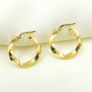 14K Solid Gold Twist Round Classic Earrings Circle Shape Hoop, Twist Round Hollow Gold Hoops, Woman Earrings, Twist Earrings. GER36
