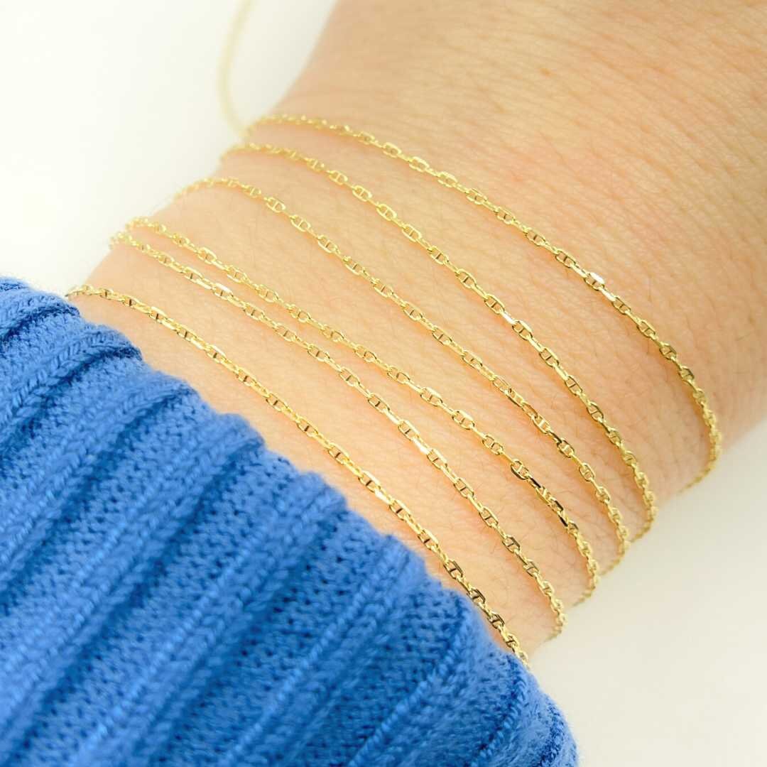 14K Solid Yellow Gold Flat Marina Link Chain by Foot, Permanent Jewelry