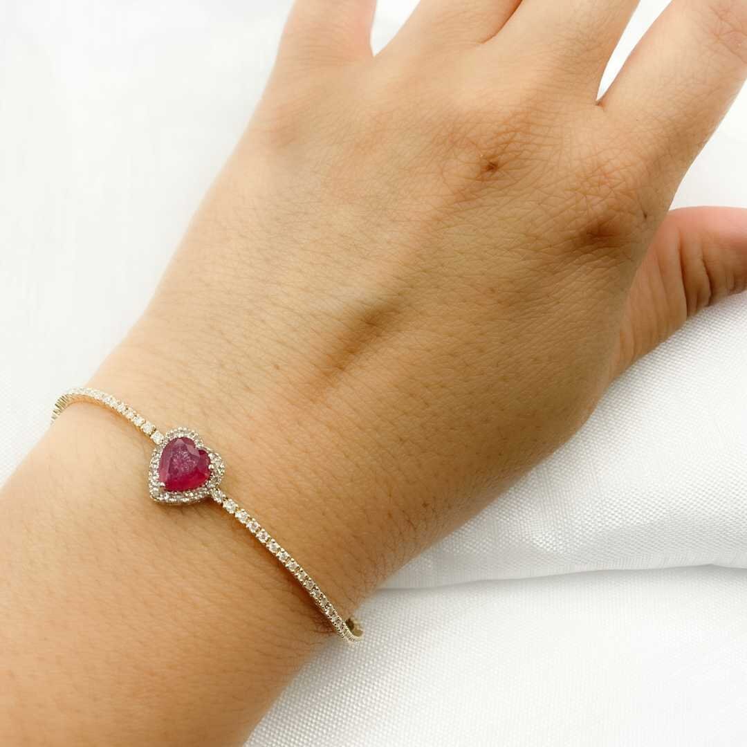 14K Solid Gold Diamond Bracelet Ruby Heart, Diamond Bracelet in 14K