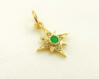 14K Solid Gold Diamond & Emerald Star Charm, Star Diamond Charm, Emerald Pendant, 14k Gold Emerald Pendant, Diamond Pendant. GDP274
