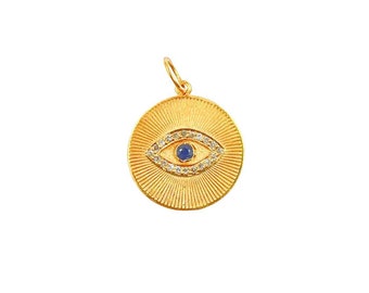 NEW STYLE! 14K Solid Gold Evil Eye Charm Design, Protection Coin Greek Charm, Gold Pendant, Solid Yellow Gold Medallion. GDP328