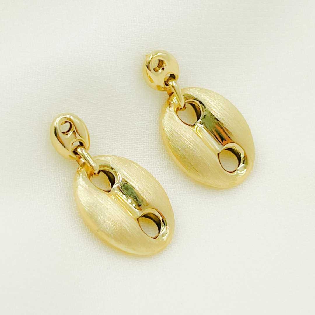 14K Solid Gold Puffed Mariner Matt Link Earrings. Mariner Dangle