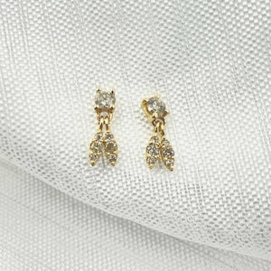 14k Solid Yellow Gold Diamond Dangle Earrings. Butterfly Closure Studs, Sleeper Cz Studs, Unisex. GDT95