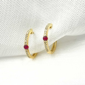 14K Solid Gold Diamond & Ruby Hoop Earrings, Hoop Earrings, Ruby and Diamonds Hoops, 14K gold hoops, round earrings. GDT99