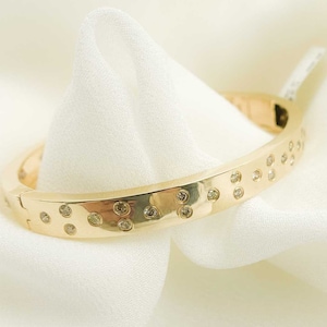 Natural Diamond Solid 14k Yellow Gold Oval Bangle, Flush Set Staggered Diamond Bracelet, Gift Her, KG95