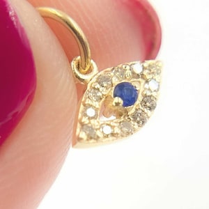 14K Solid Gold Evil Eye Pendants, Evil Eye Charm, Large Oval, Tiny Gold Charm, Diamond Charm, Sapphire Charm, Sapphire Jewelry. GDP456