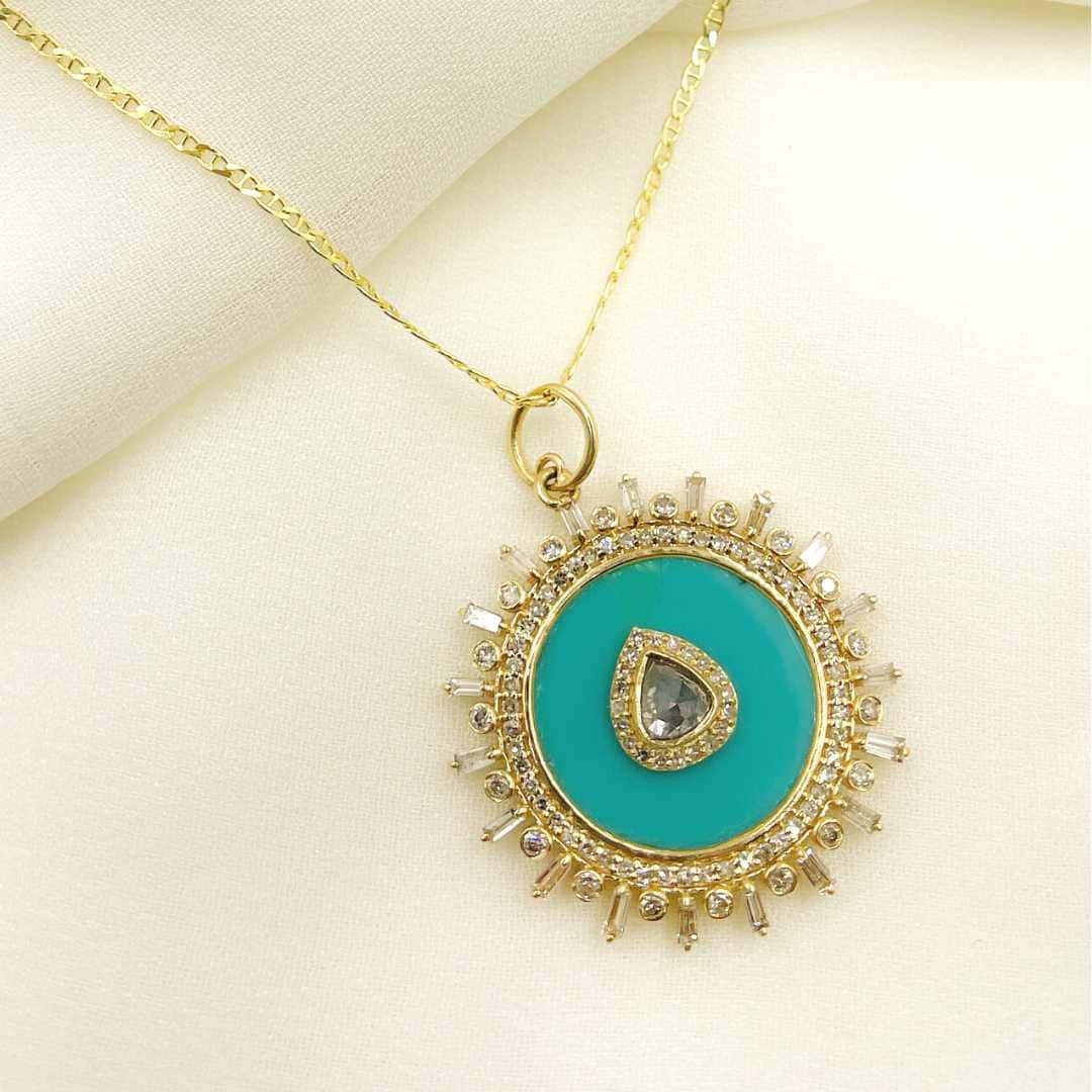 14K Solid Gold Circle Charm With Diamonds and Gemstone in the Center