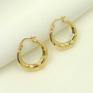 Hohle 14K Gold Creolen, Damen Gold Creolen, Creolen, Creolen mit Gravur. Bestpreis. GER147