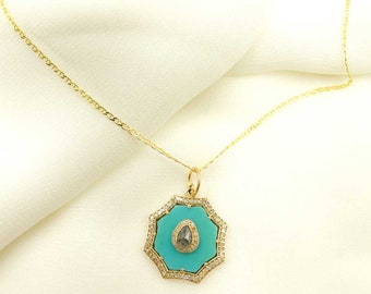 14K Solid Gold Polygon Diamonds Charm, Gemstone Pendant, Layered Necklace, Charm Medallion, Pendant for Women. KG38
