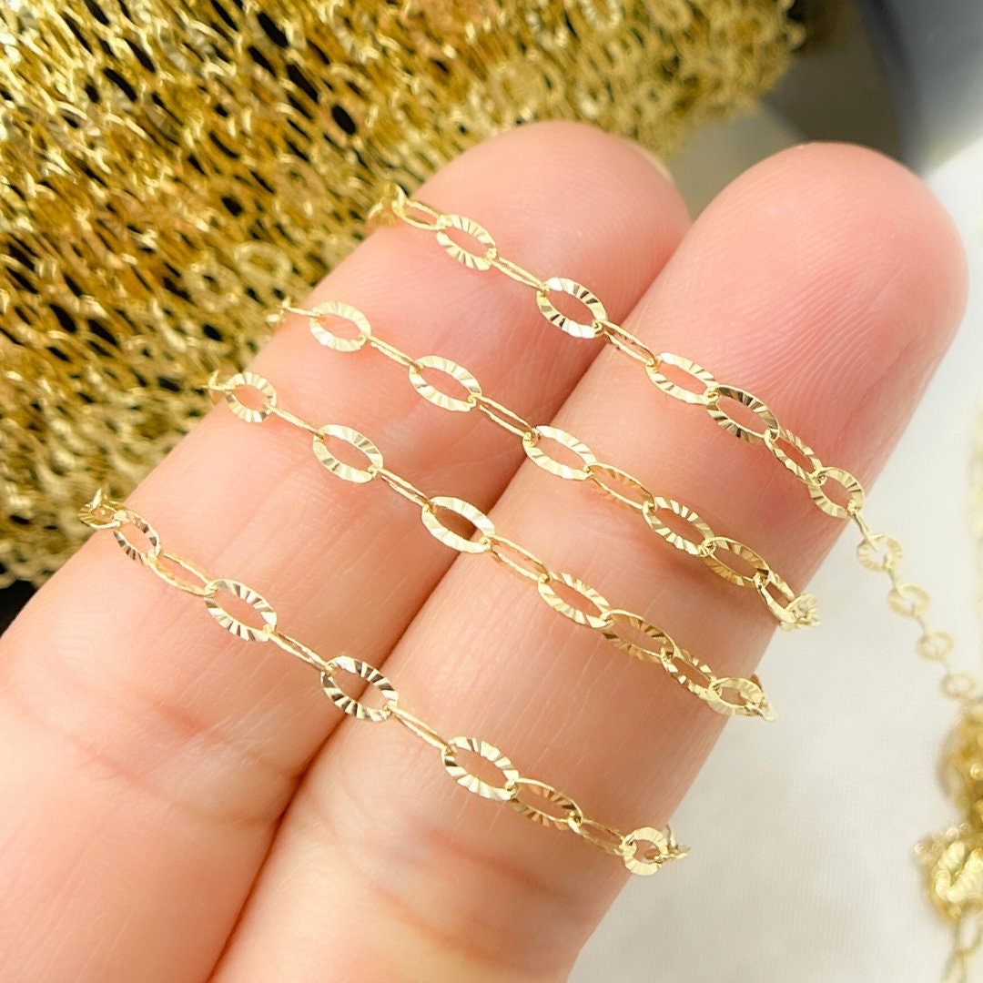 14K Solid Yellow Gold Diamond Cut Oval Link Chain, Permanent Jewelry