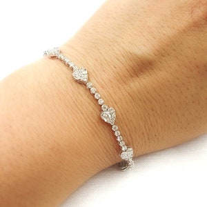 14K Solid White Gold Bracelet Diamond  Hearts, 14K Solid Gold, Diamond Baguette, Heart, Tennis Bracelet, OJ7530