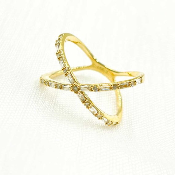 Diamond X Shaped Ring w/ Rubies 14K Two Tone Gold