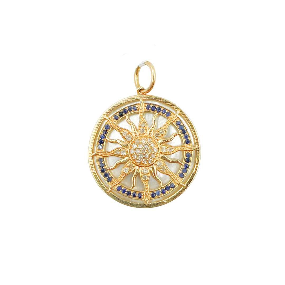 14K Solid Gold Sun Circle Charm, Gemstone Pendant, Mother of Pearl