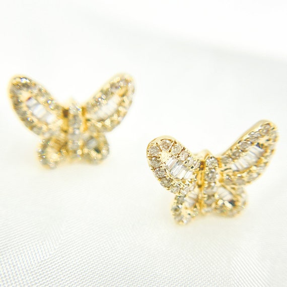 [LLOYD] 韓国☆14K☆Butterfly Earrings 14k Solid Yellow Gold Diamond Butterfly Earrings, Butterfly