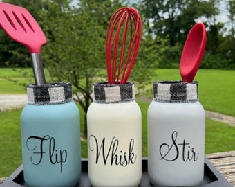 Flip Stir Whisk Utensil Jar Holder with tray, Utensil Jar, Kitchen Farmhouse Decor, Jar Utensil Holder, Kitchen Storage, Gift for Mom